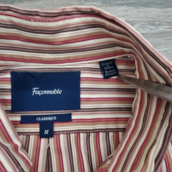 Faconnable men's 100% cotton classique tan gray burgundy striped dress shirt M - Picture 2 of 7